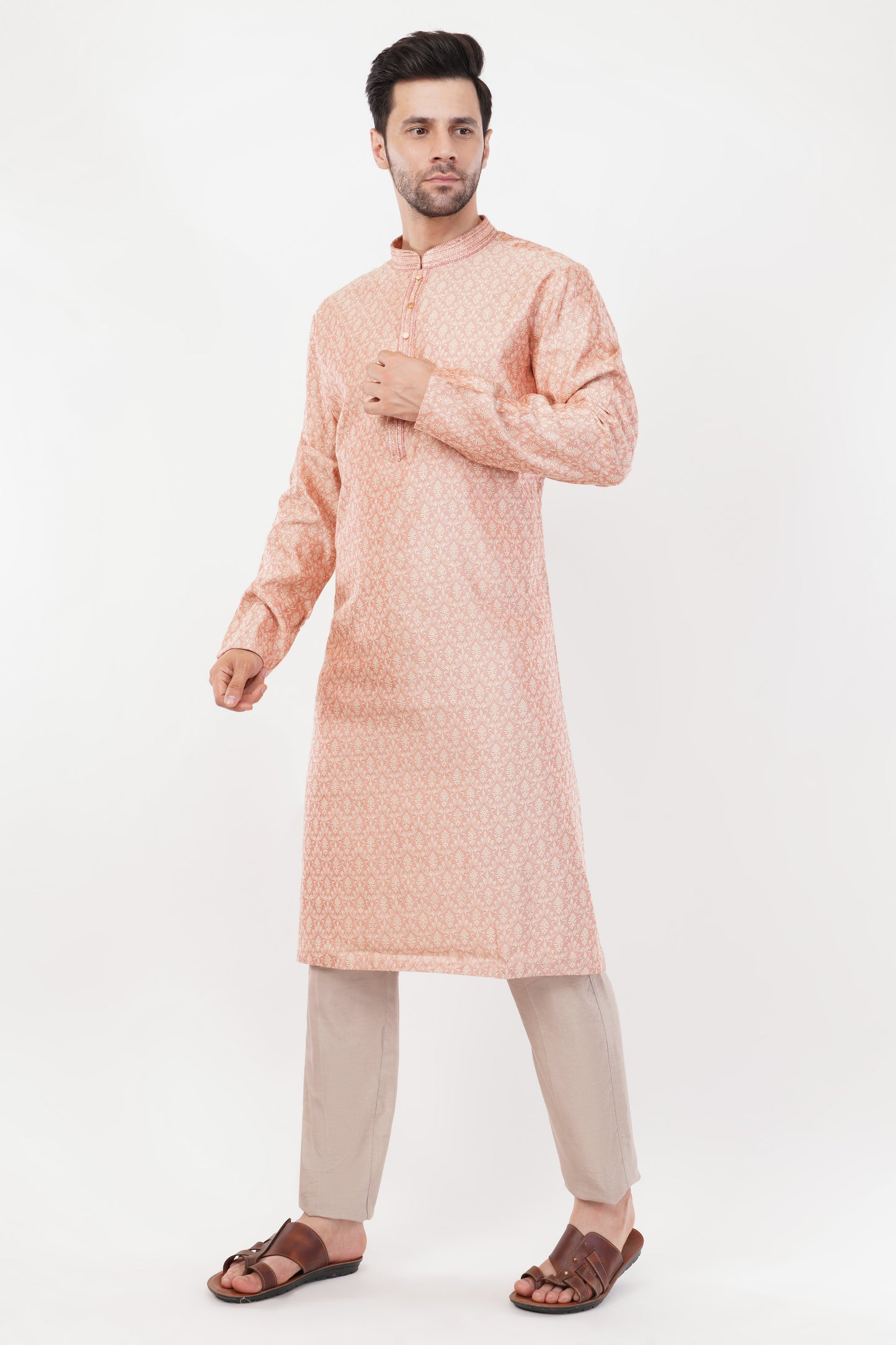 Peach Rayon Blend Printed Kurta Set