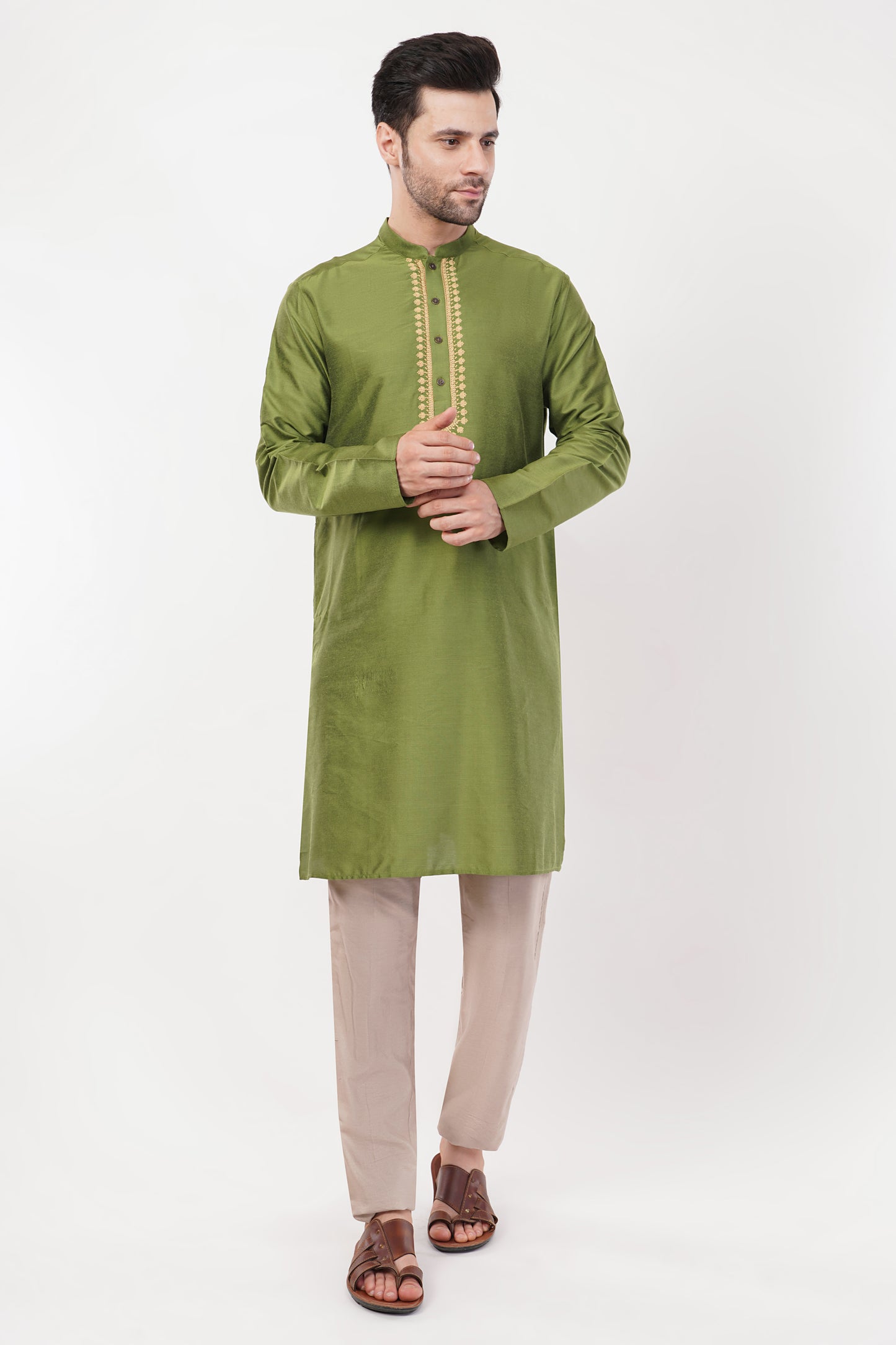 Olive Green Rayon Embroidered Placket Kurta set