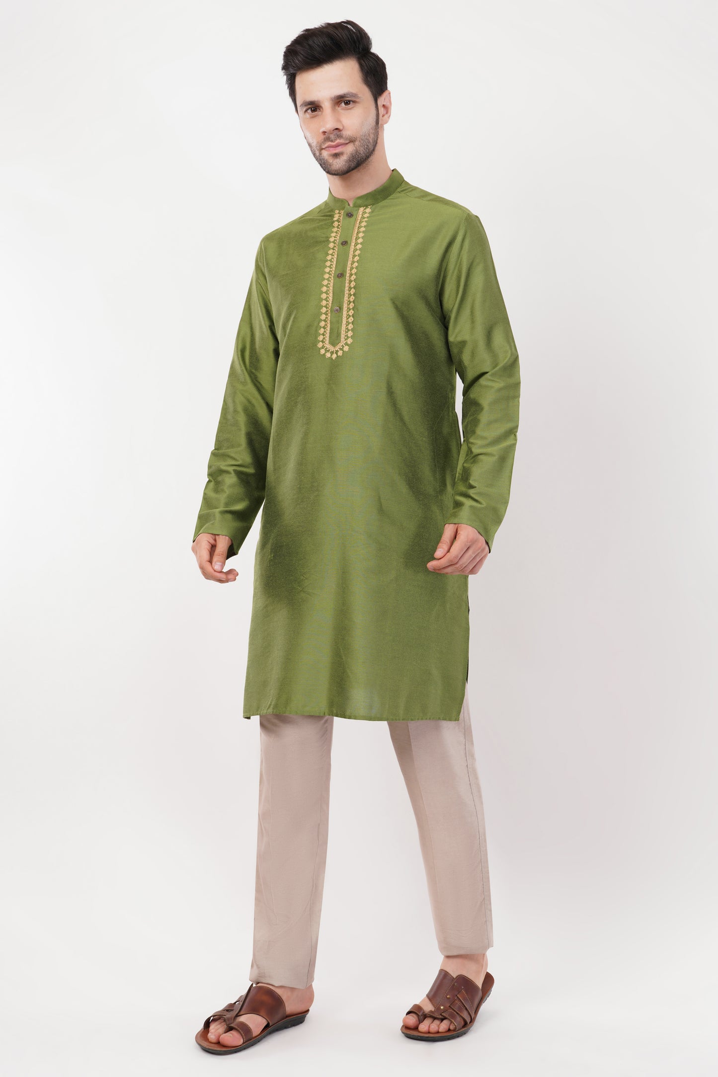 Olive Green Rayon Embroidered Placket Kurta set