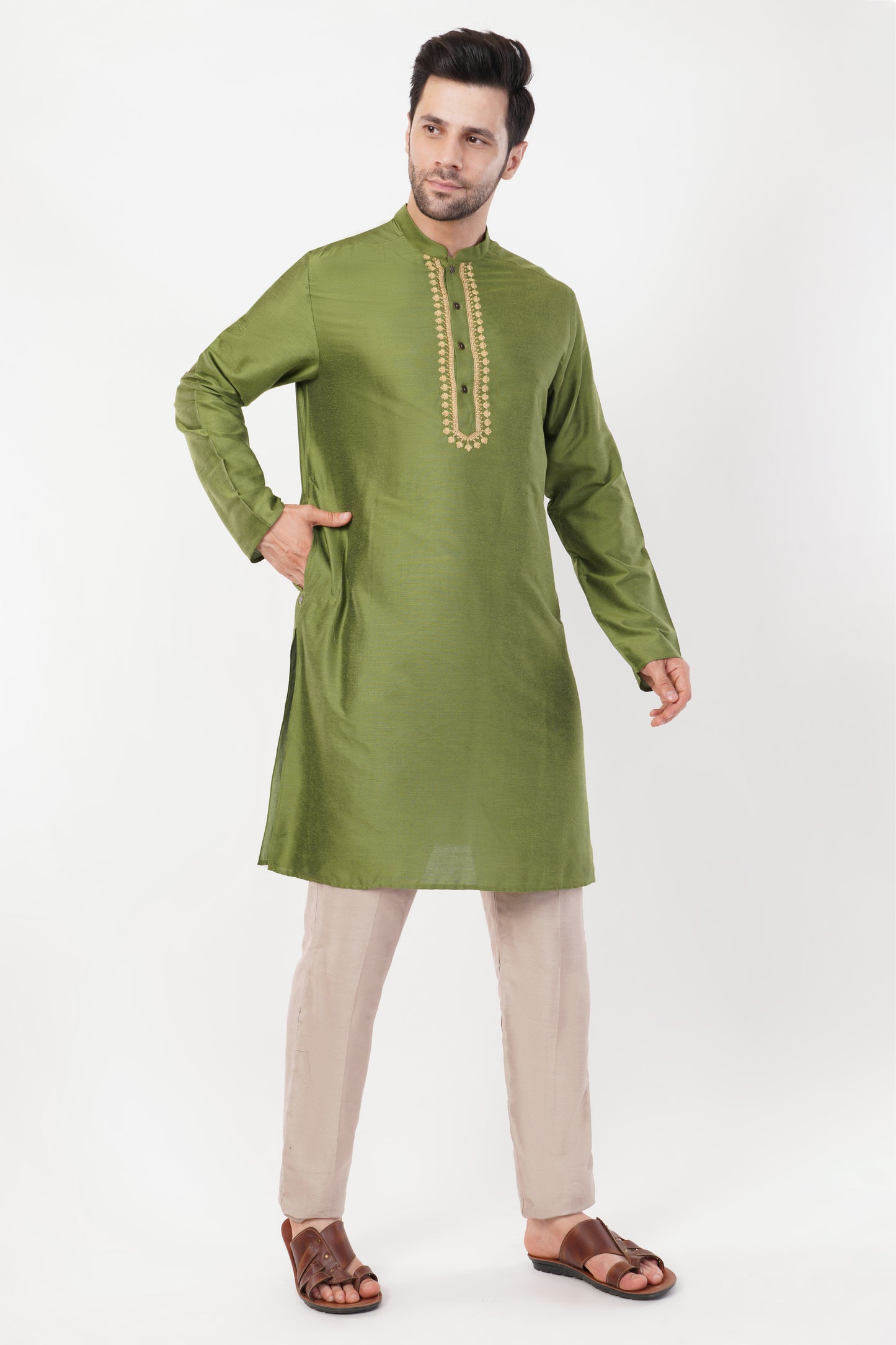 Olive Green Rayon Embroidered Placket Kurta set