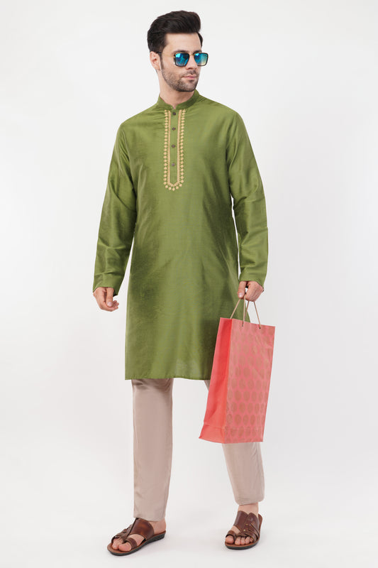 Olive Green Rayon Embroidered Placket Kurta set