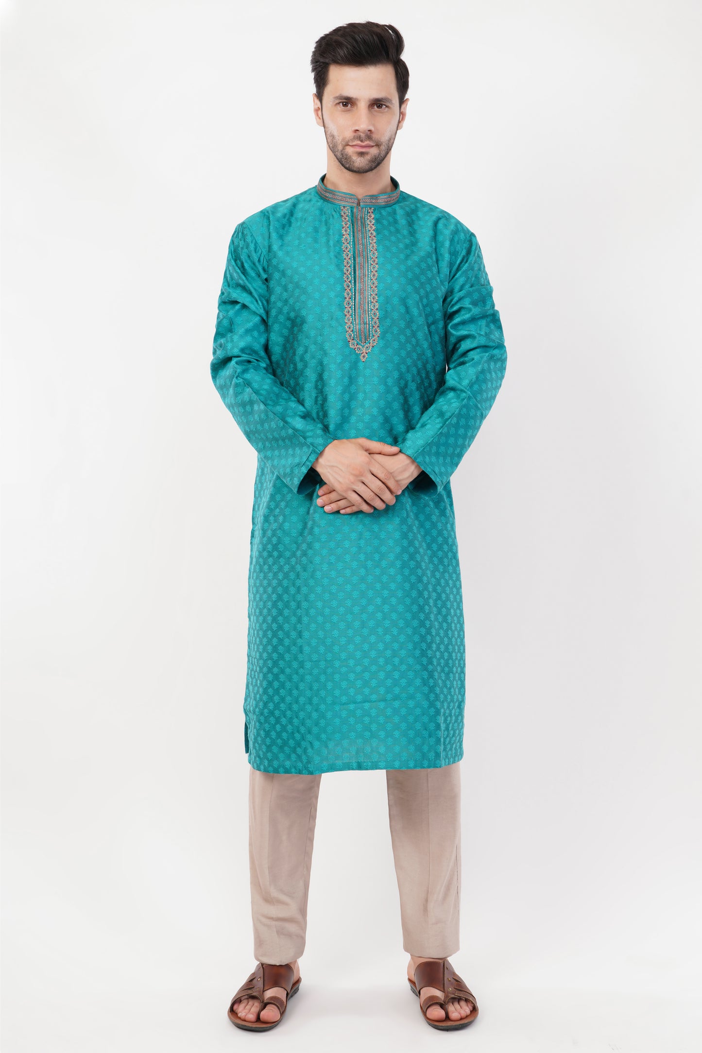 Teal Blue Polyester Intricate Kurta Set
