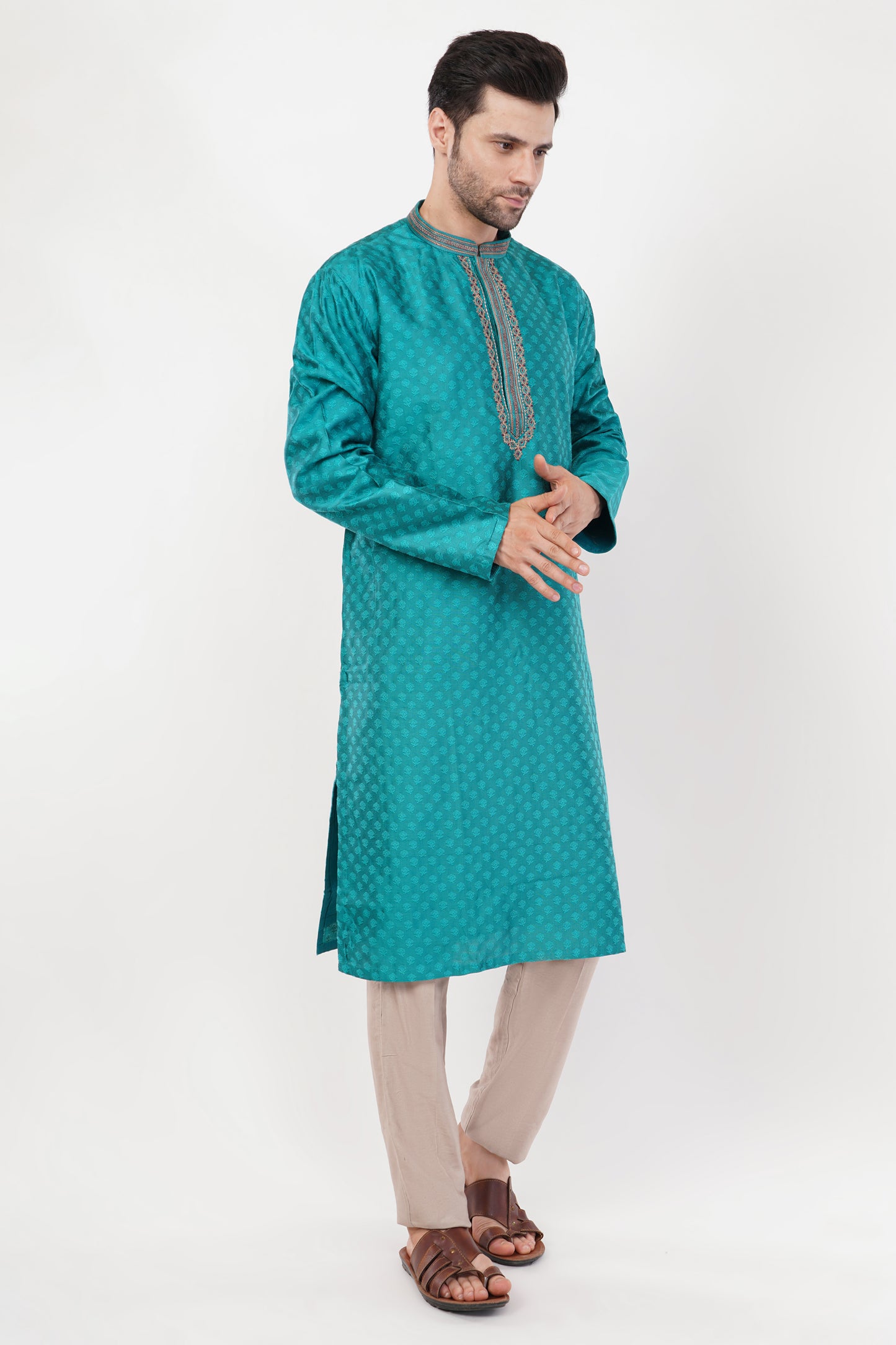 Teal Blue Polyester Intricate Kurta Set
