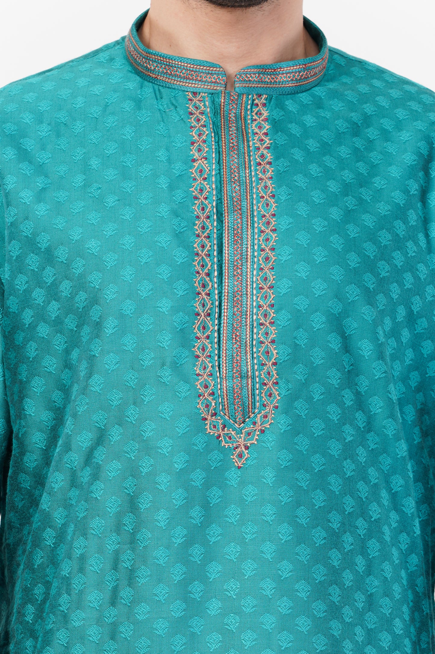 Teal Blue Polyester Intricate Kurta Set