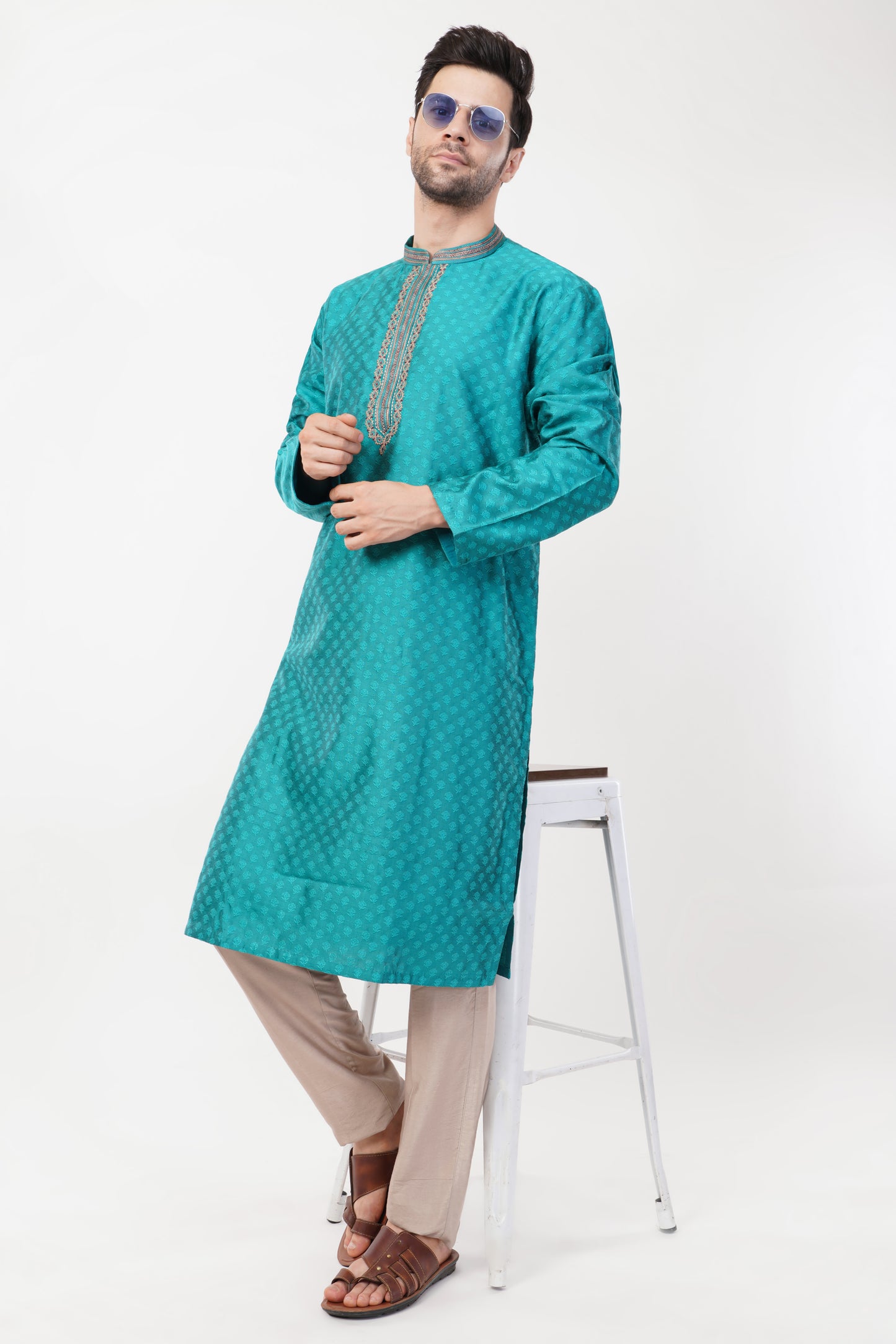 Teal Blue Polyester Intricate Kurta Set