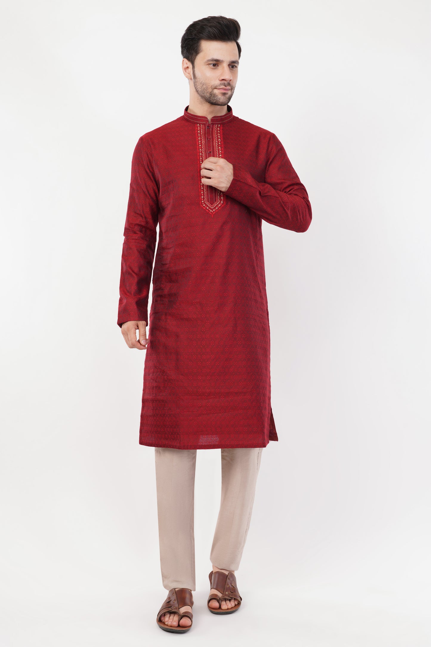 Maroon Jacquard Resham Embroidered Kurta Set