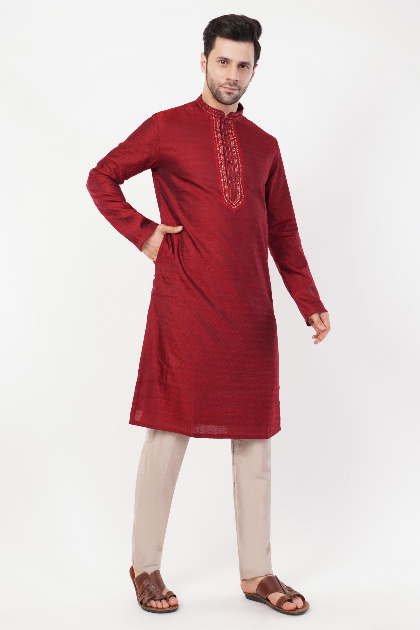 Maroon Jacquard Resham Embroidered Kurta Set