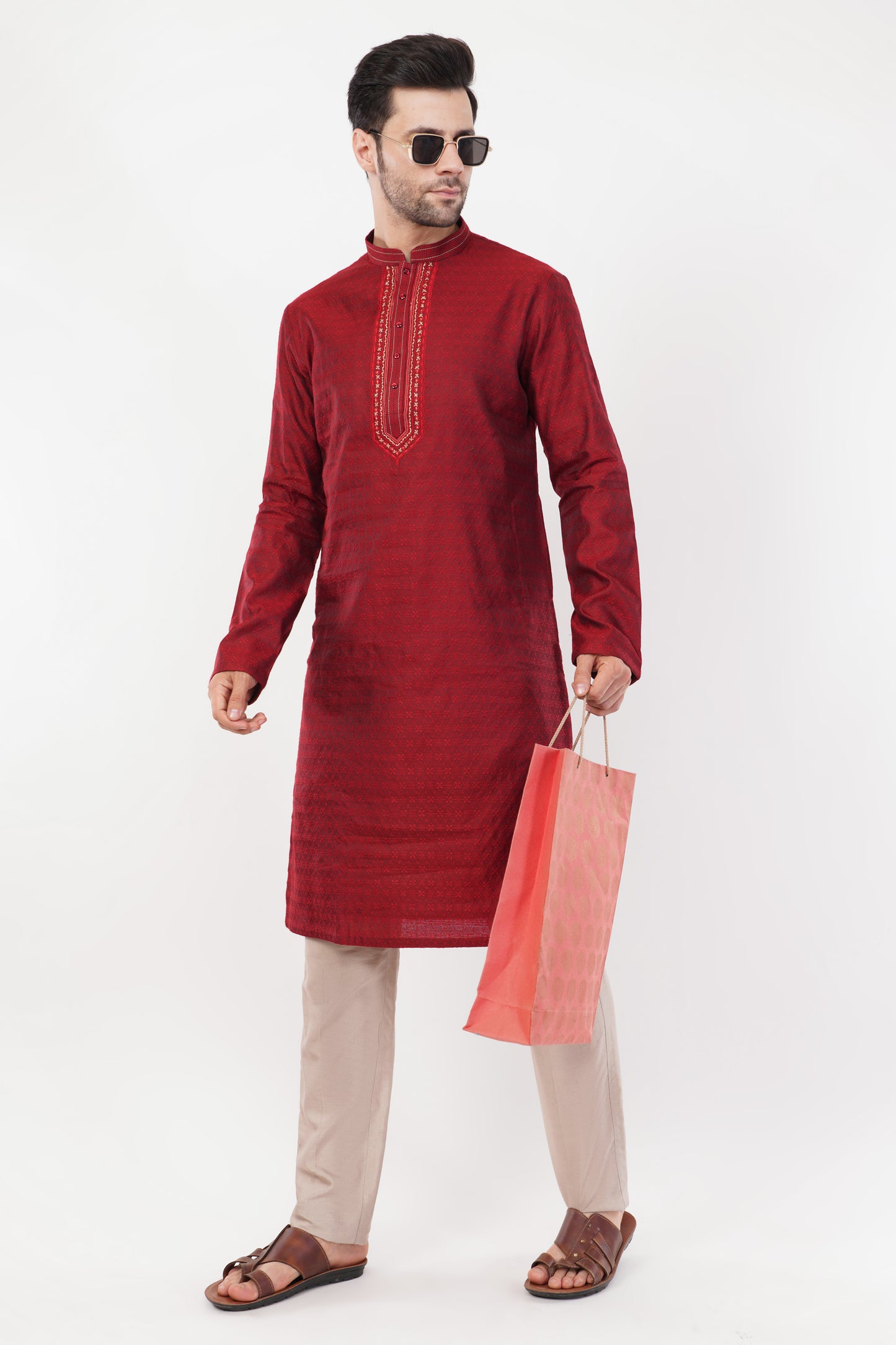 Maroon Jacquard Resham Embroidered Kurta Set