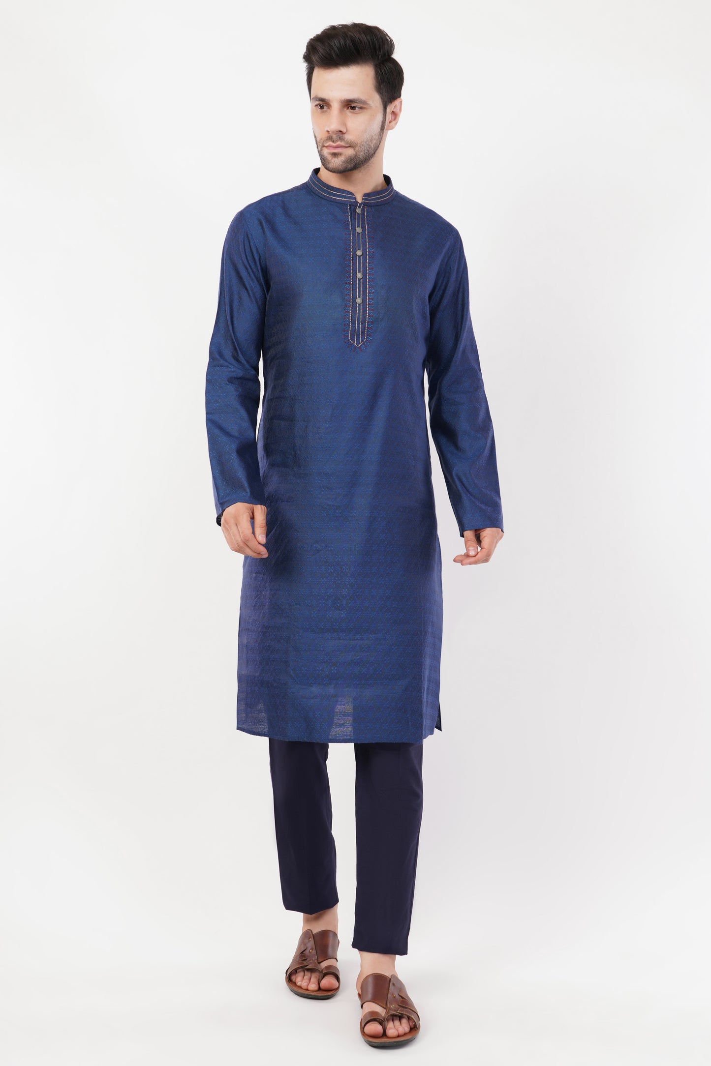 Indigo Blue Jaquard Rayon stichline Kurta Set