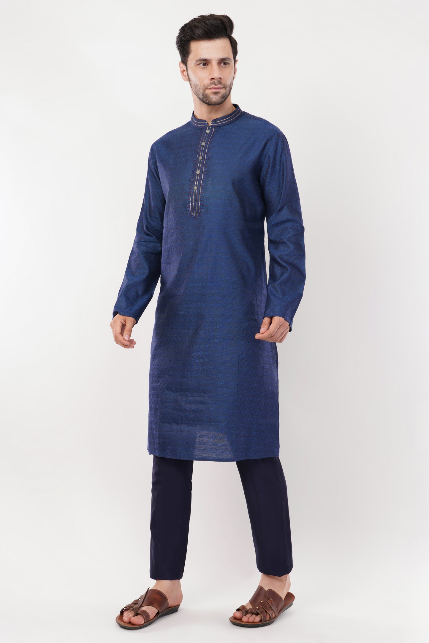 Indigo Blue Jaquard Rayon stichline Kurta Set