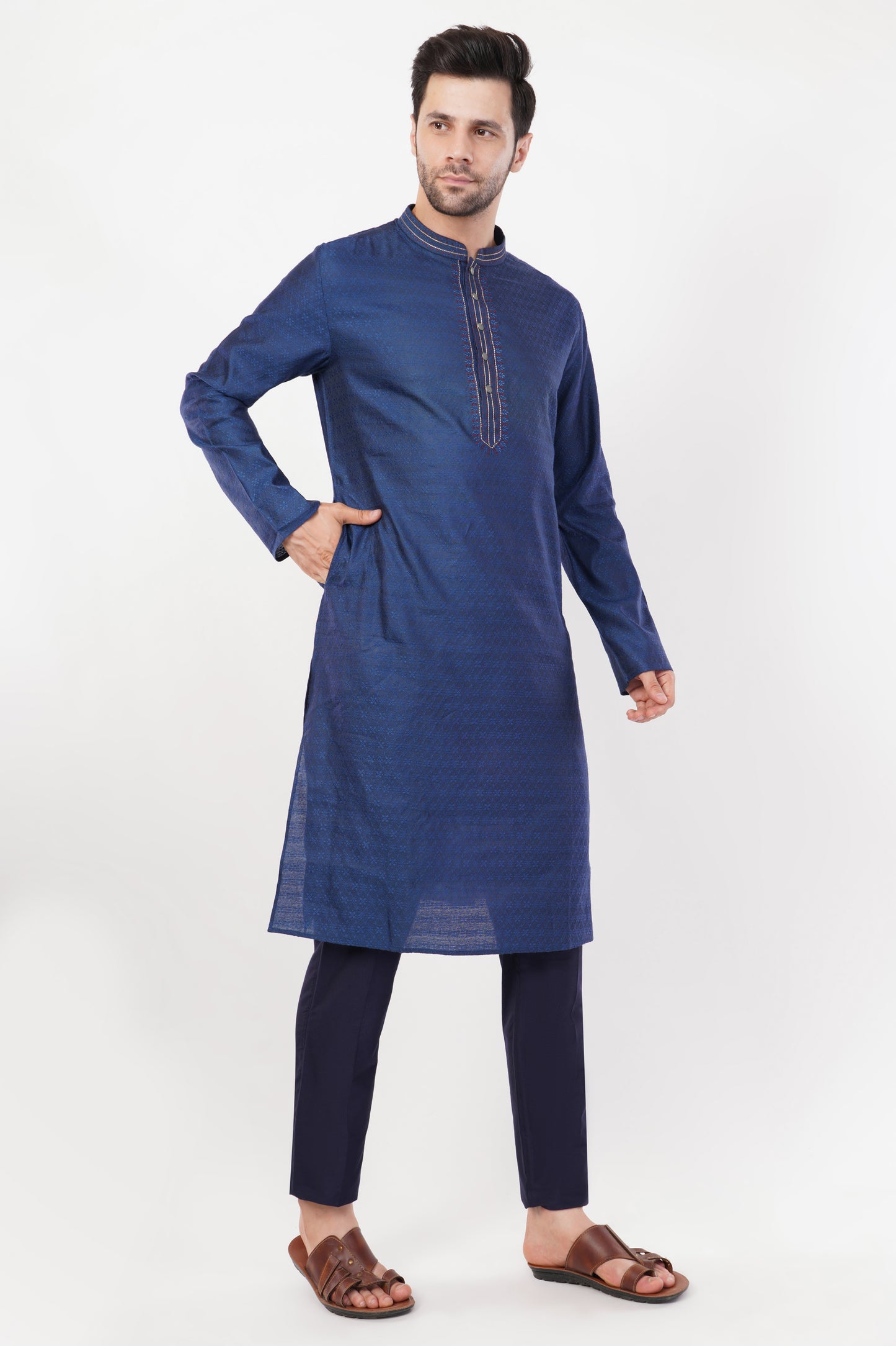 Indigo Blue Jaquard Rayon stichline Kurta Set
