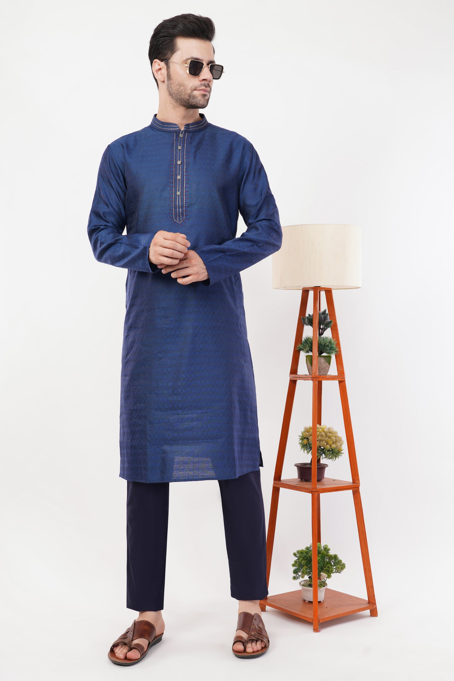 Indigo Blue Jaquard Rayon stichline Kurta Set