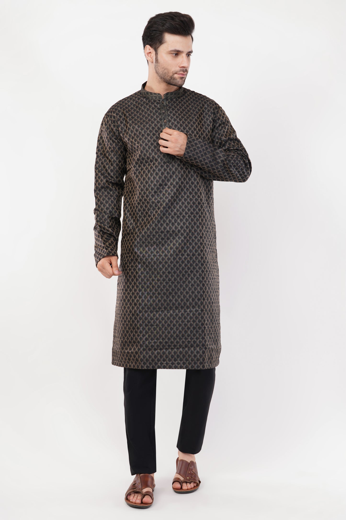 Black Poly Jaquard Subtle Embroidered Kurta Set