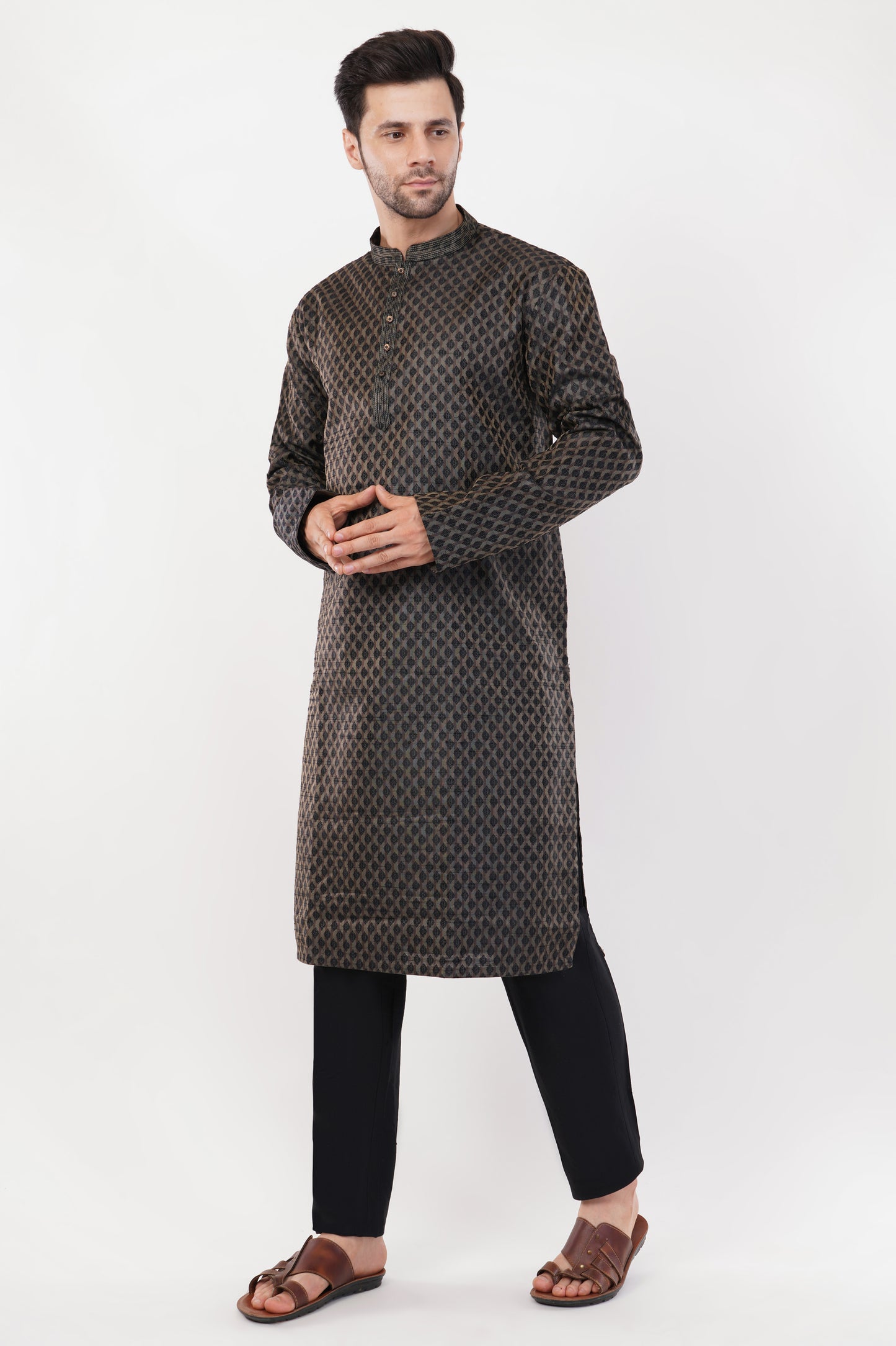 Black Poly Jaquard Subtle Embroidered Kurta Set