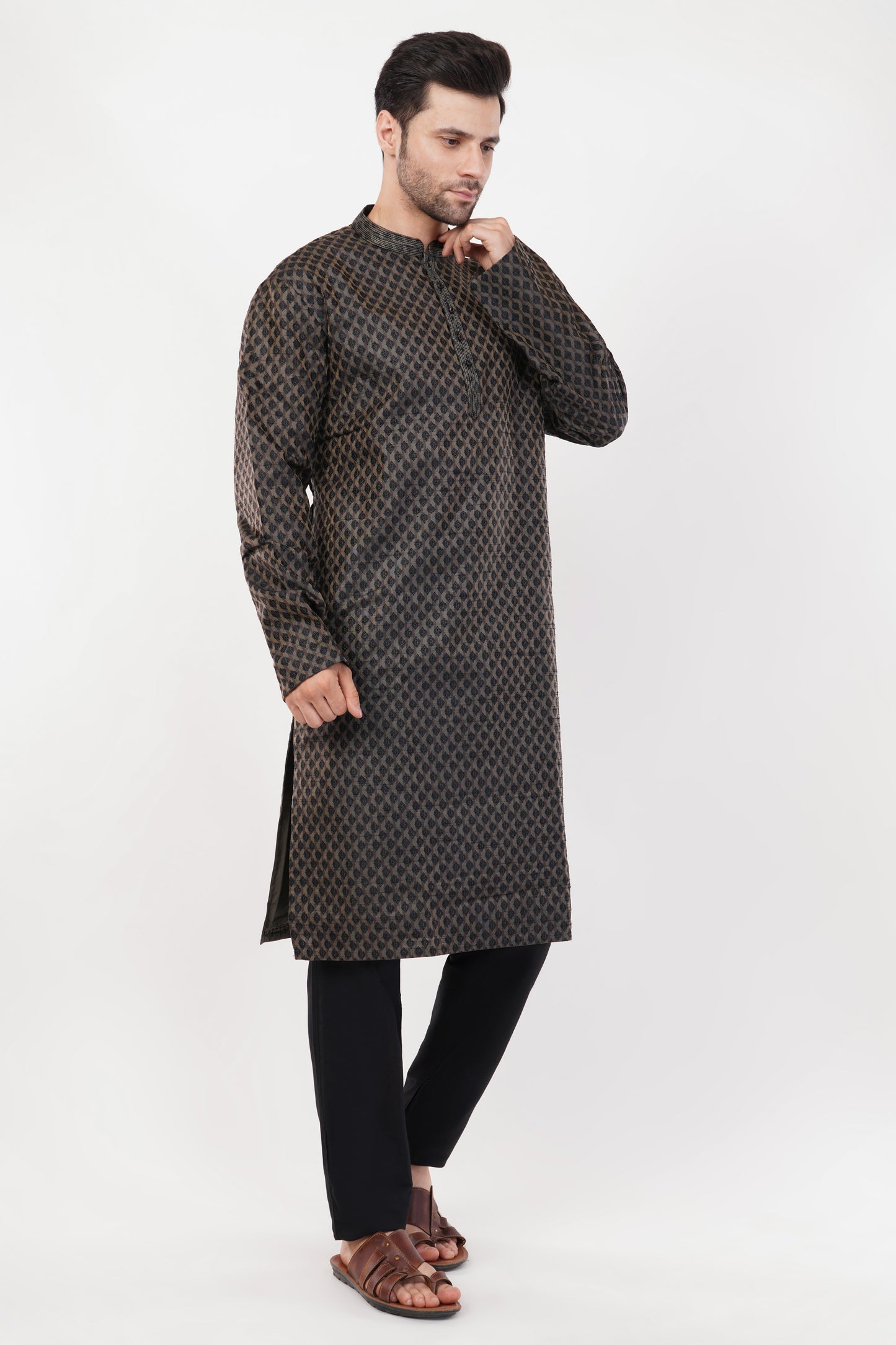 Black Poly Jaquard Subtle Embroidered Kurta Set