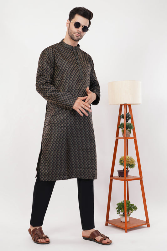 Black Poly Jaquard Subtle Embroidered Kurta Set
