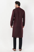 Wine Poly Jaquard Resham Embroidered Kurta Set