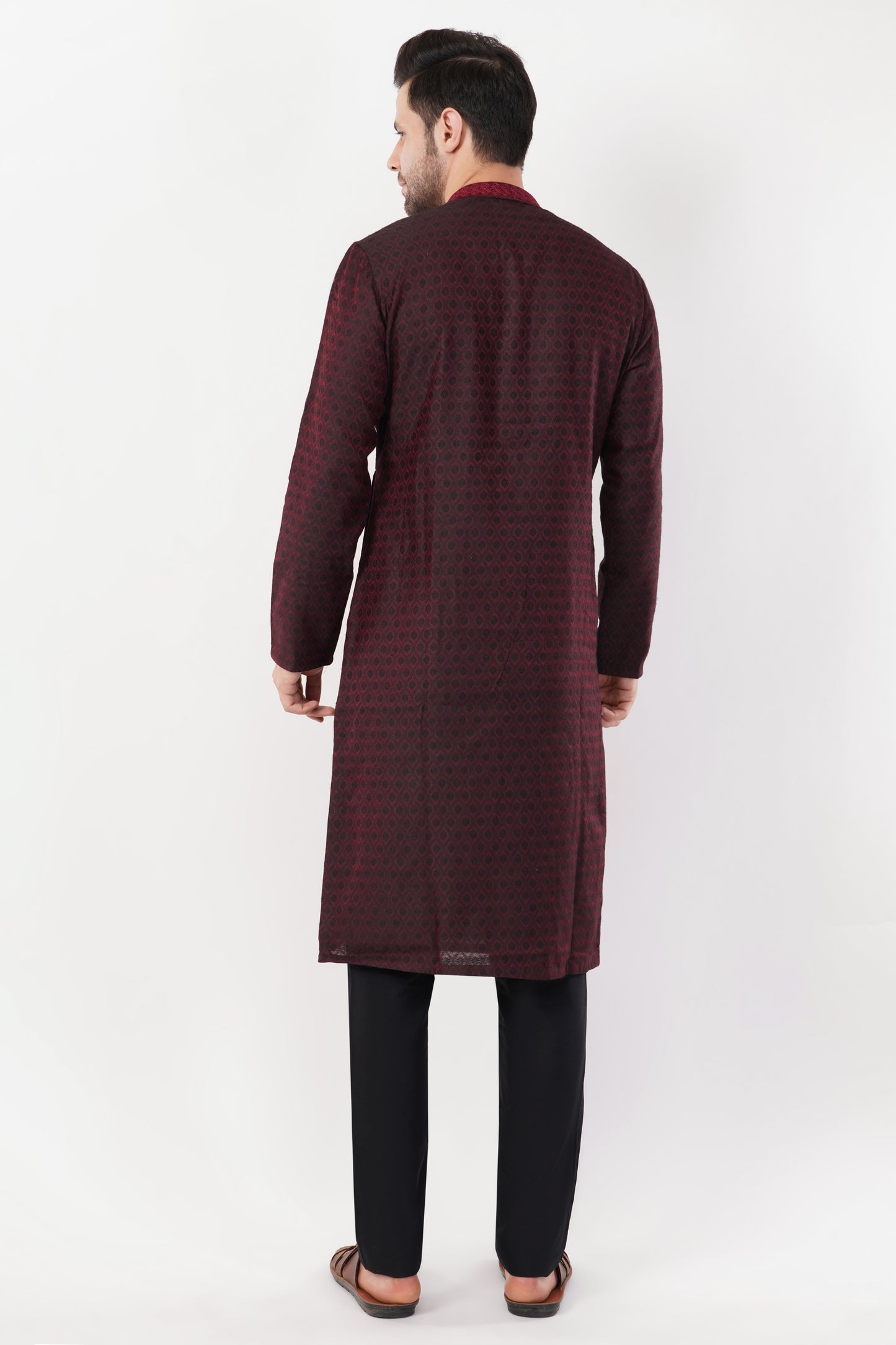 Wine Poly Jaquard Resham Embroidered Kurta Set