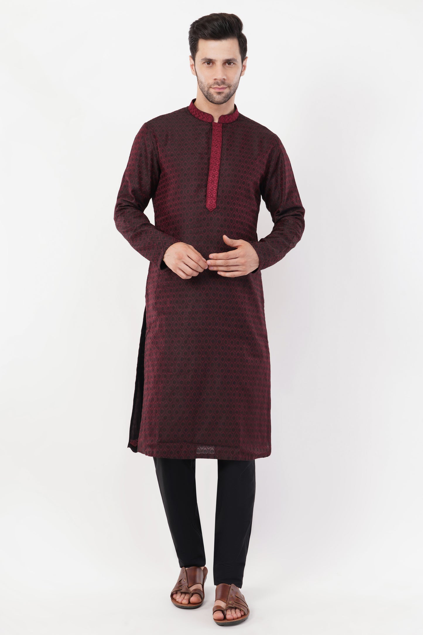 Wine Poly Jaquard Resham Embroidered Kurta Set