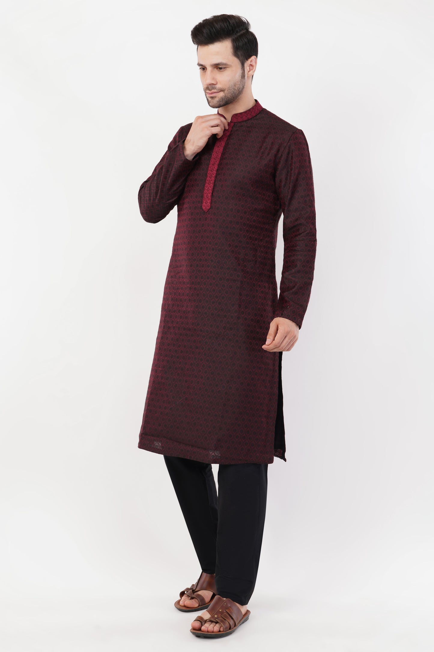 Wine Poly Jaquard Resham Embroidered Kurta Set