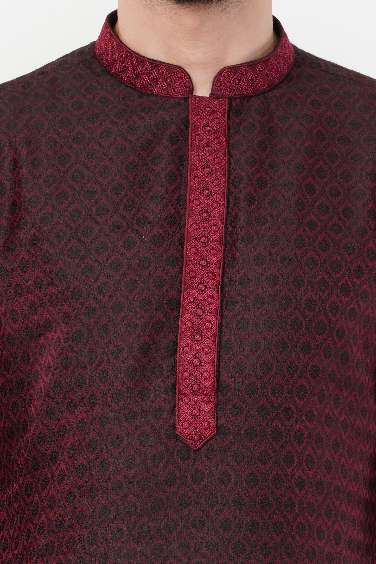Wine Poly Jaquard Resham Embroidered Kurta Set