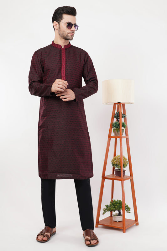 Wine Poly Jaquard Resham Embroidered Kurta Set