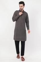 Stylish Black Cotton Printed Pintuck Pathani Set