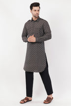 Stylish Black Cotton Printed Pintuck Pathani Set
