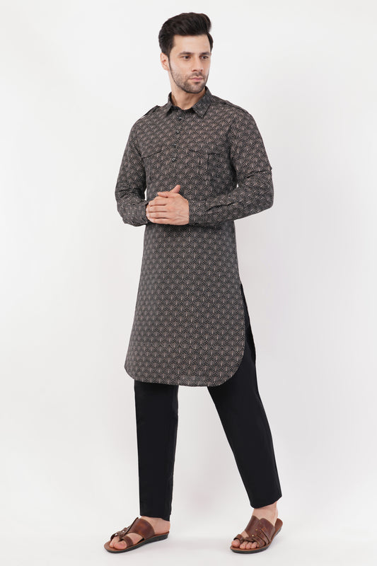 Stylish Black Cotton Printed Pintuck Pathani Set