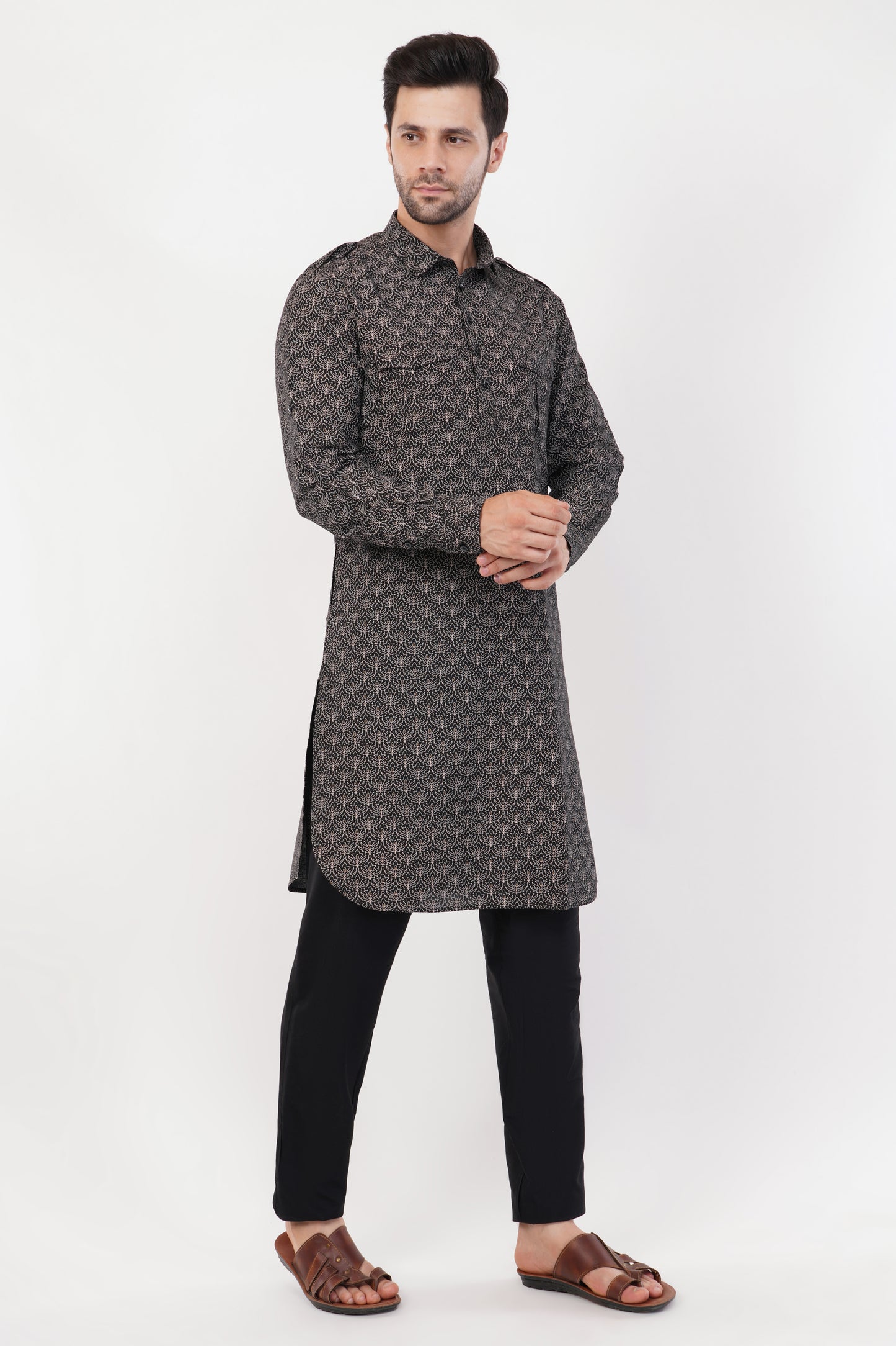 Stylish Black Cotton Printed Pintuck Pathani Set