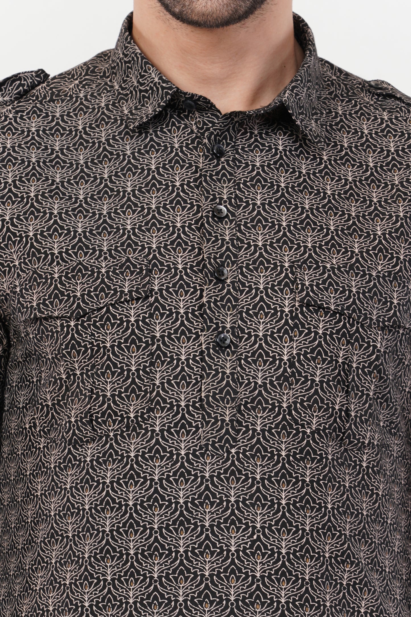 Stylish Black Cotton Printed Pintuck Pathani Set
