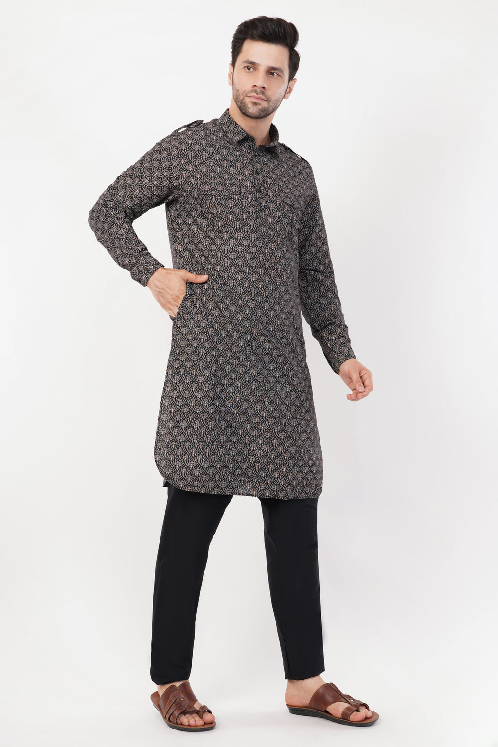Stylish Black Cotton Printed Pintuck Pathani Set