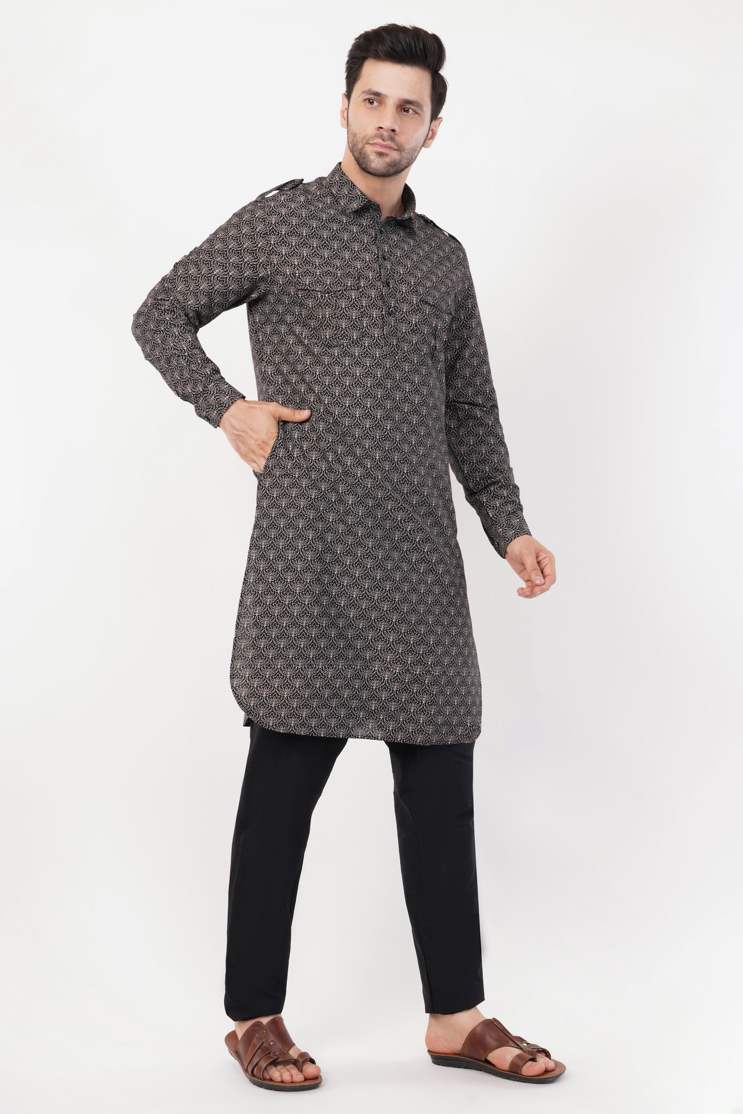 Stylish Black Cotton Printed Pintuck Pathani Set