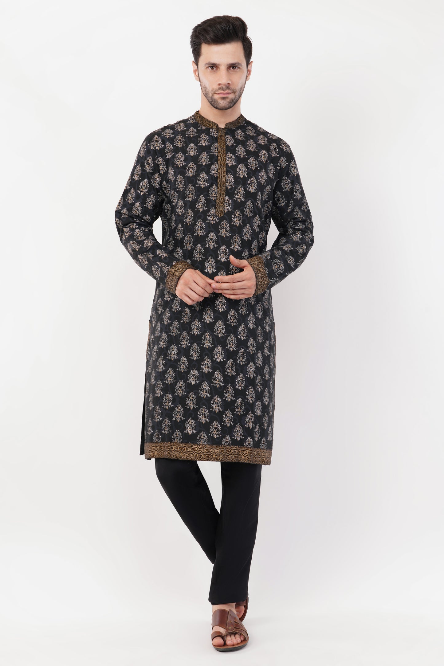 Black Cotton Printed Gold Accents Kurta Set