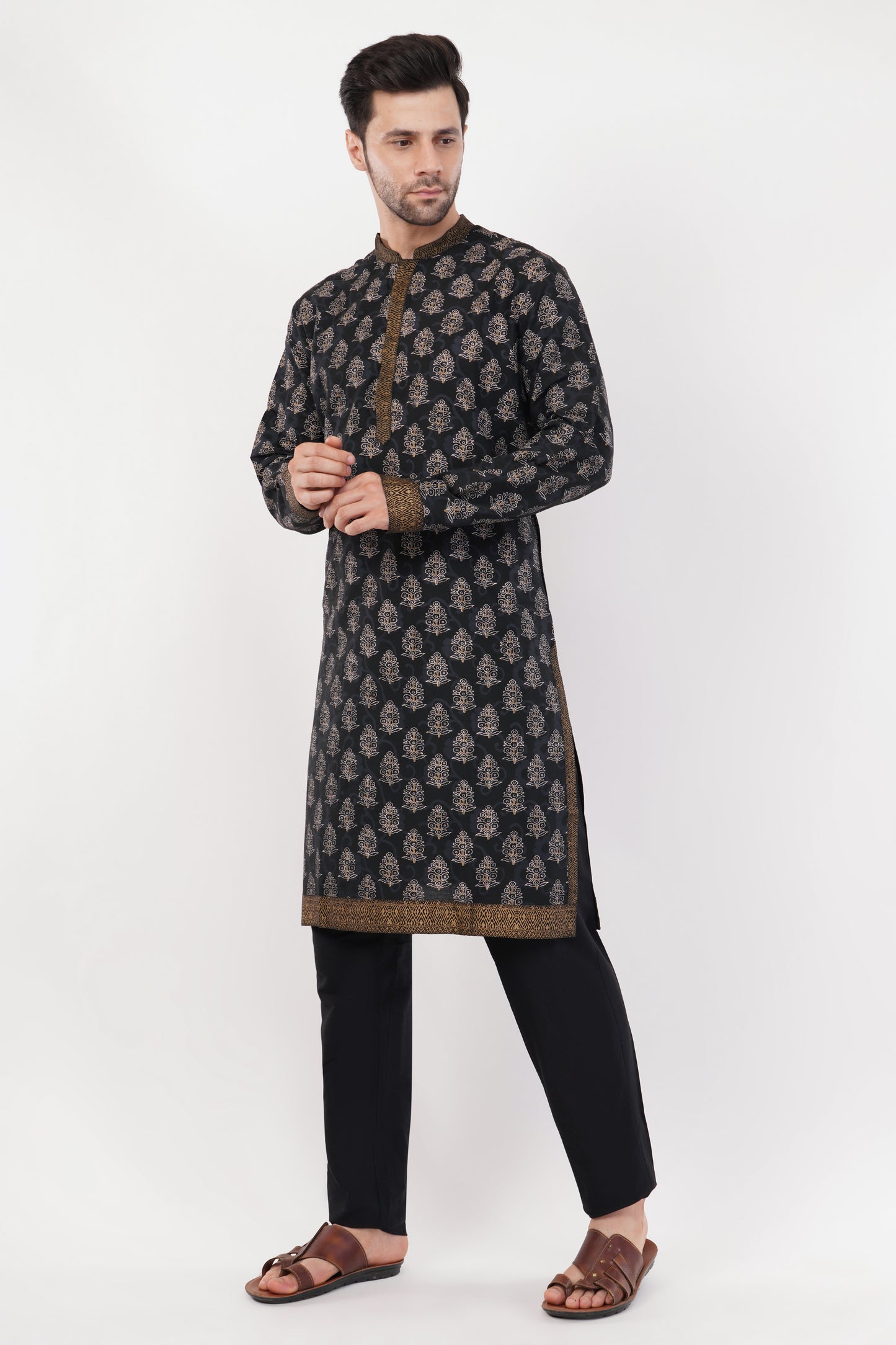 Black Cotton Printed Gold Accents Kurta Set