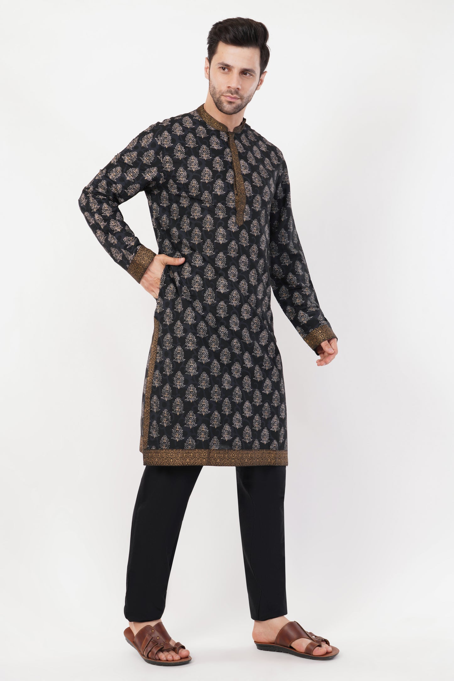 Black Cotton Printed Gold Accents Kurta Set