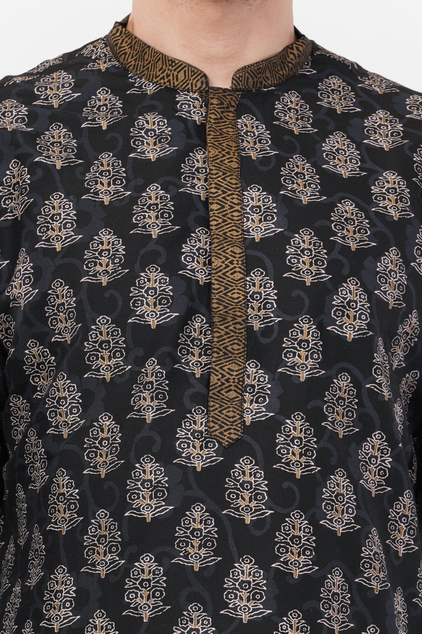 Black Cotton Printed Gold Accents Kurta Set