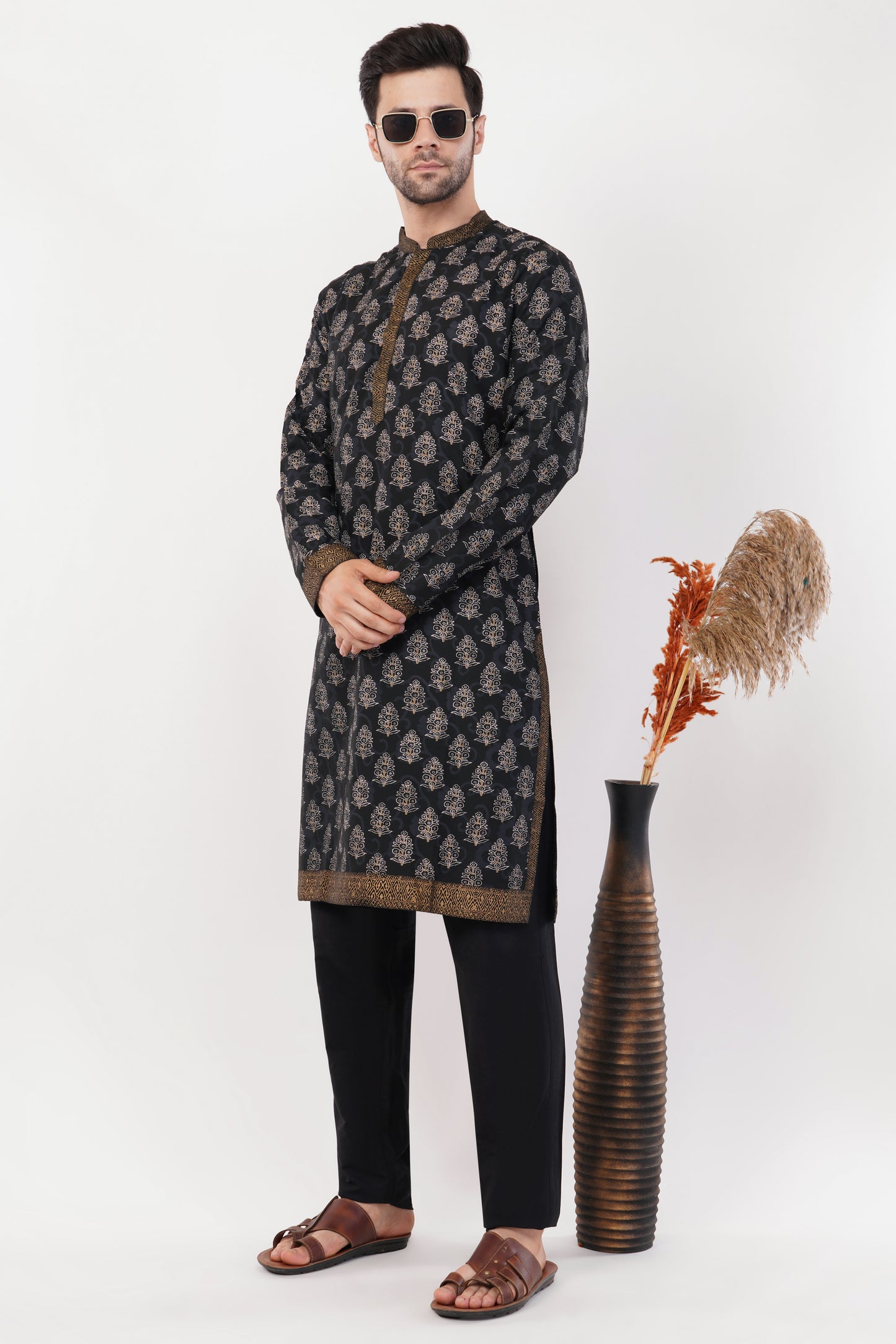 Black Cotton Printed Gold Accents Kurta Set