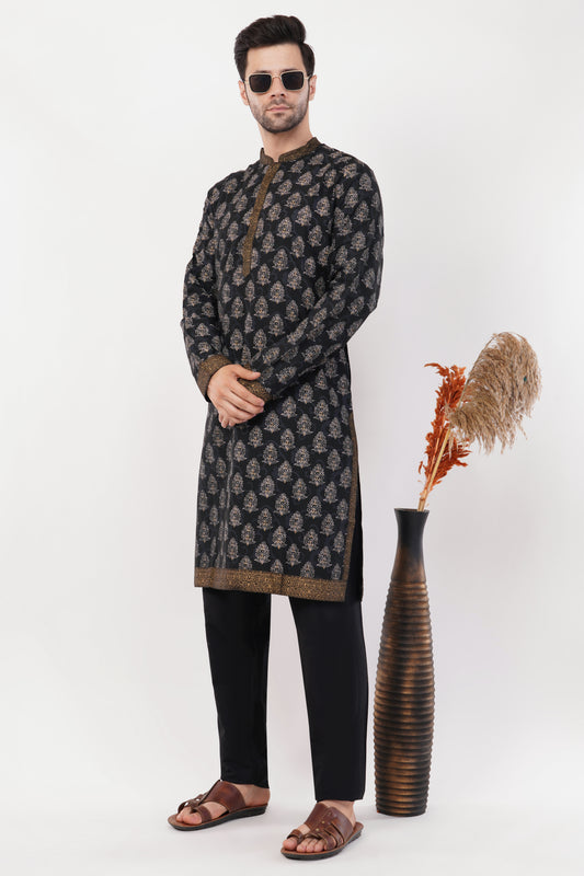 Black Cotton Printed Gold Accents Kurta Set