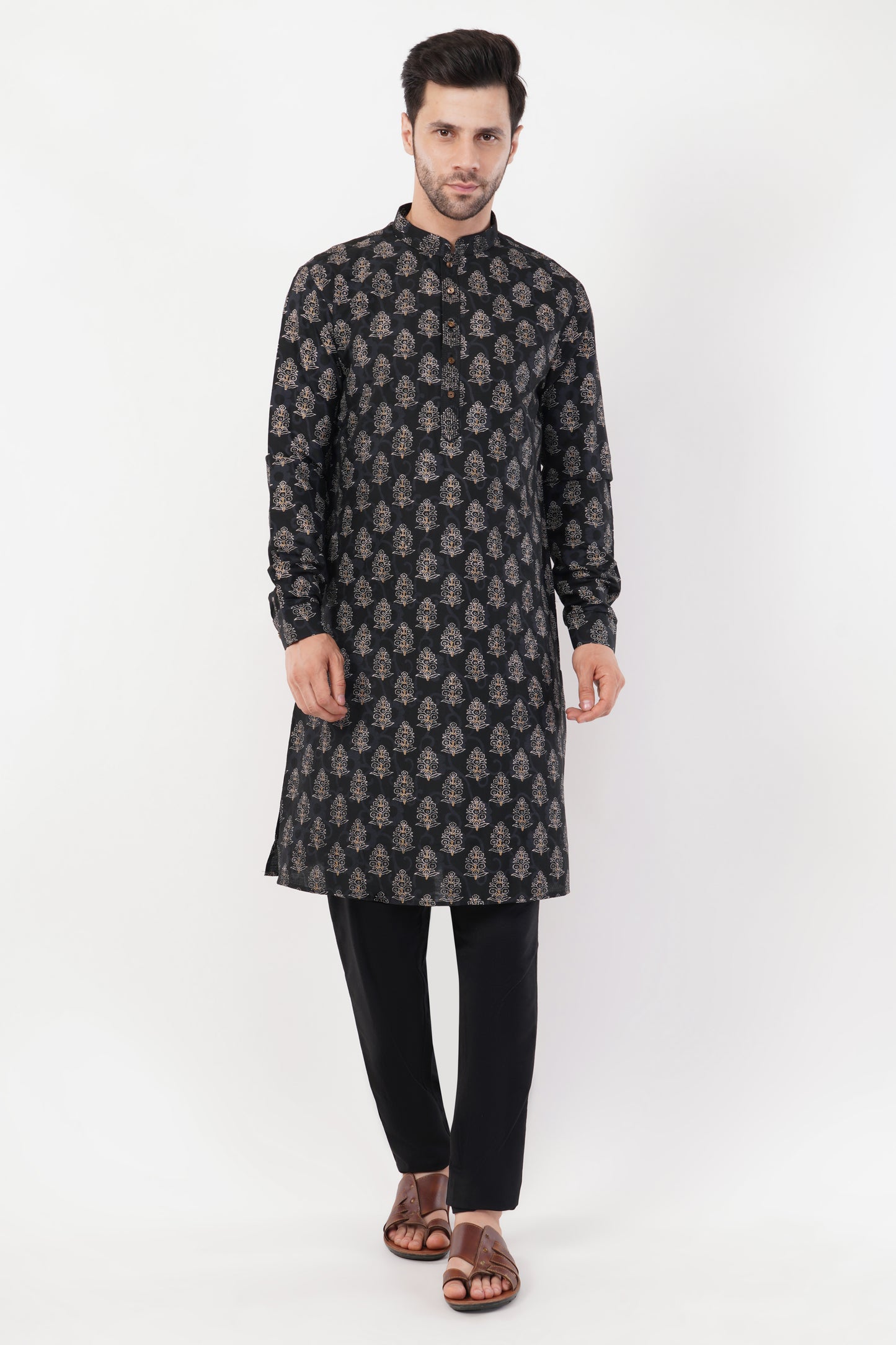 Black Printed Cotton Traditional Motifs Kurta Set