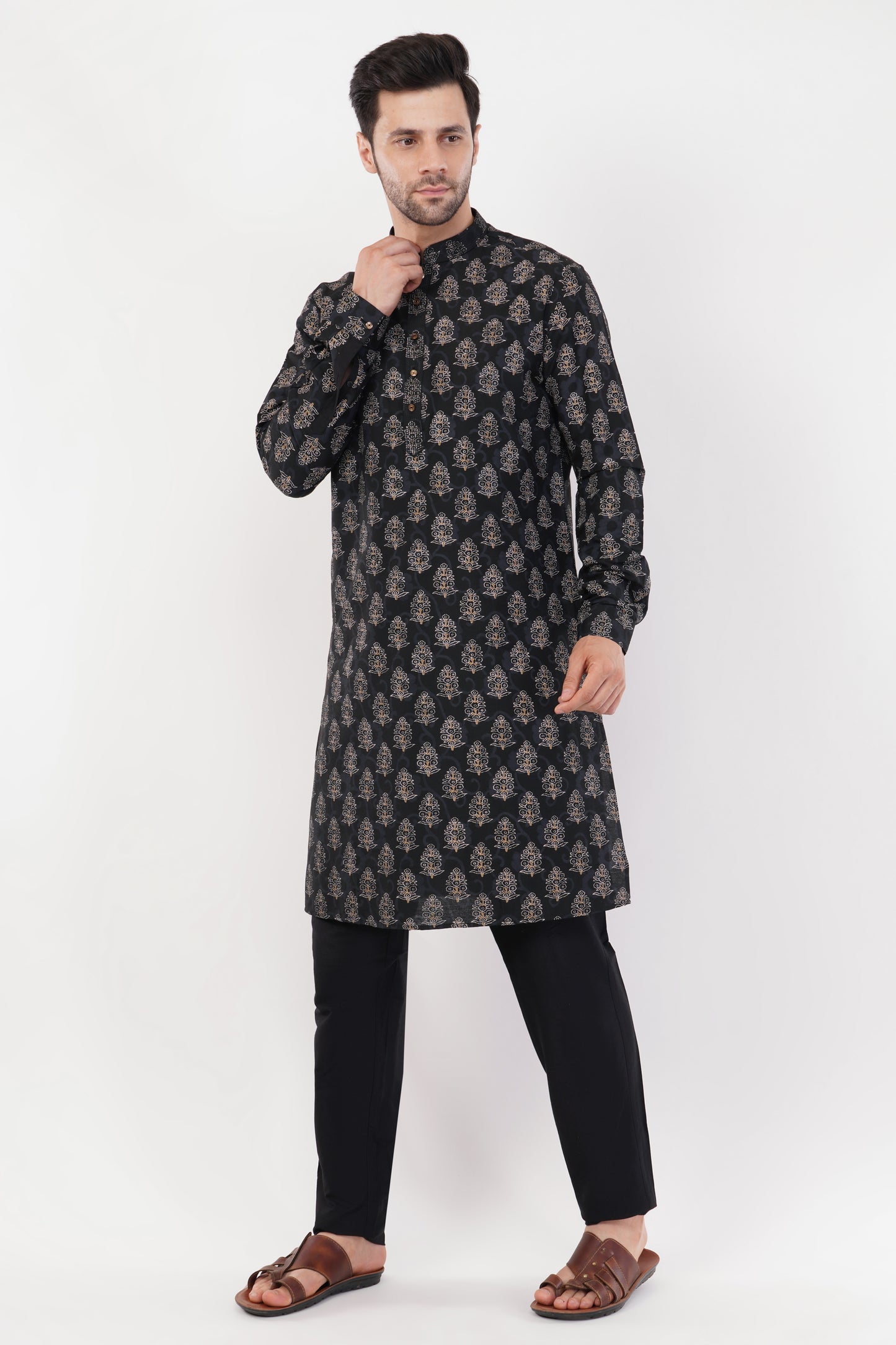 Black Printed Cotton Traditional Motifs Kurta Set