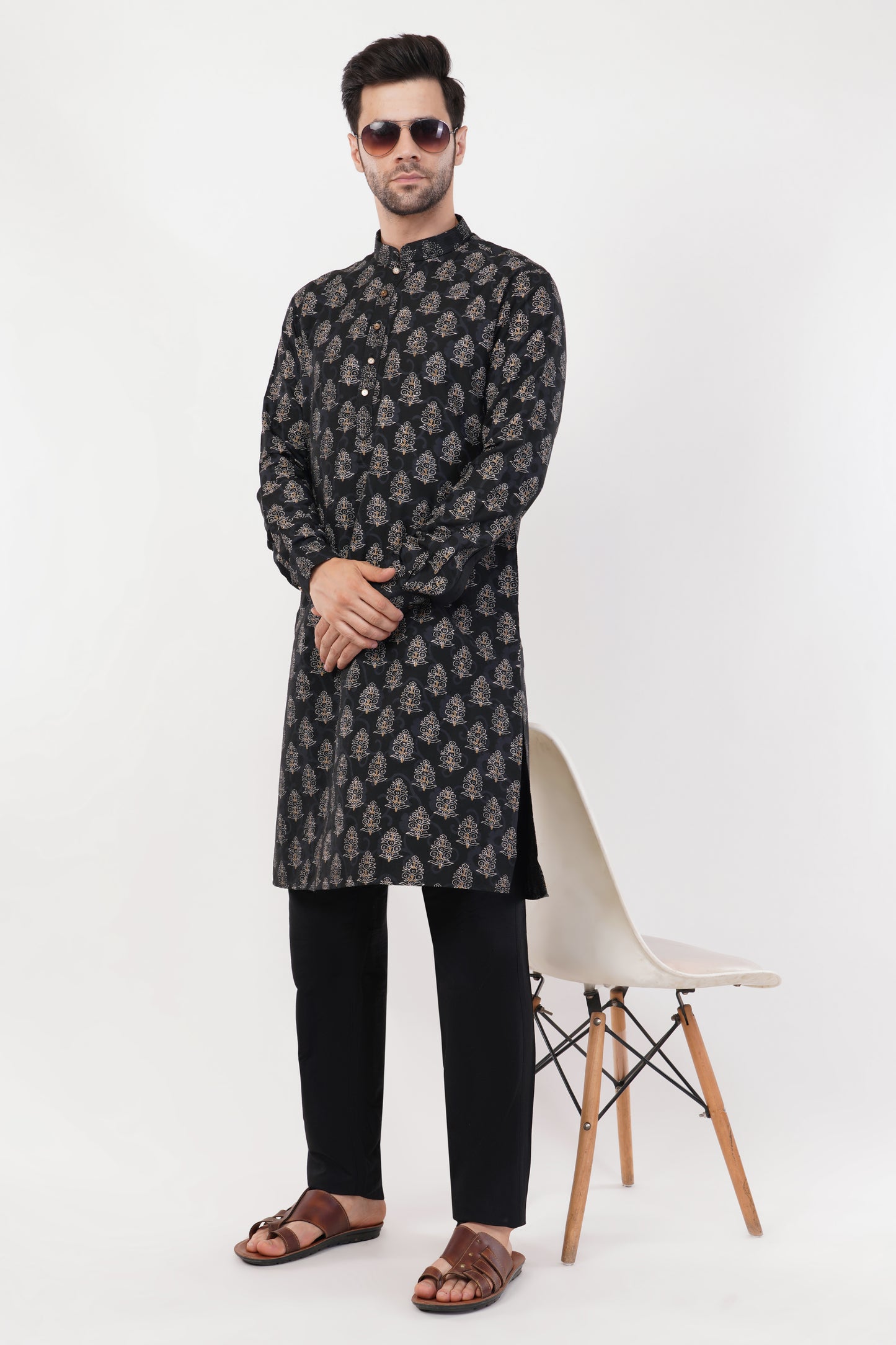Black Printed Cotton Traditional Motifs Kurta Set