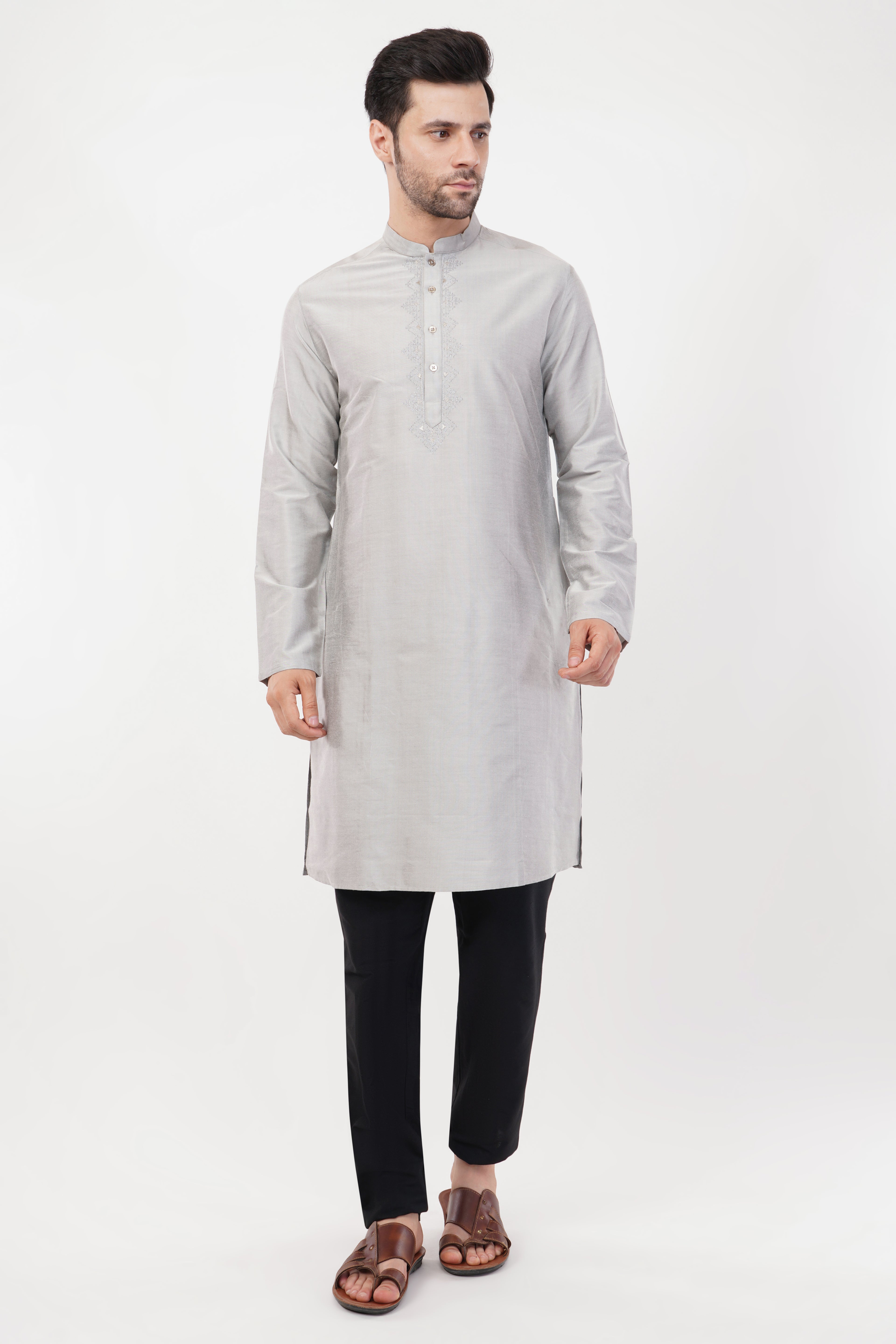 Light Grey Textured Cotton Kurta Set