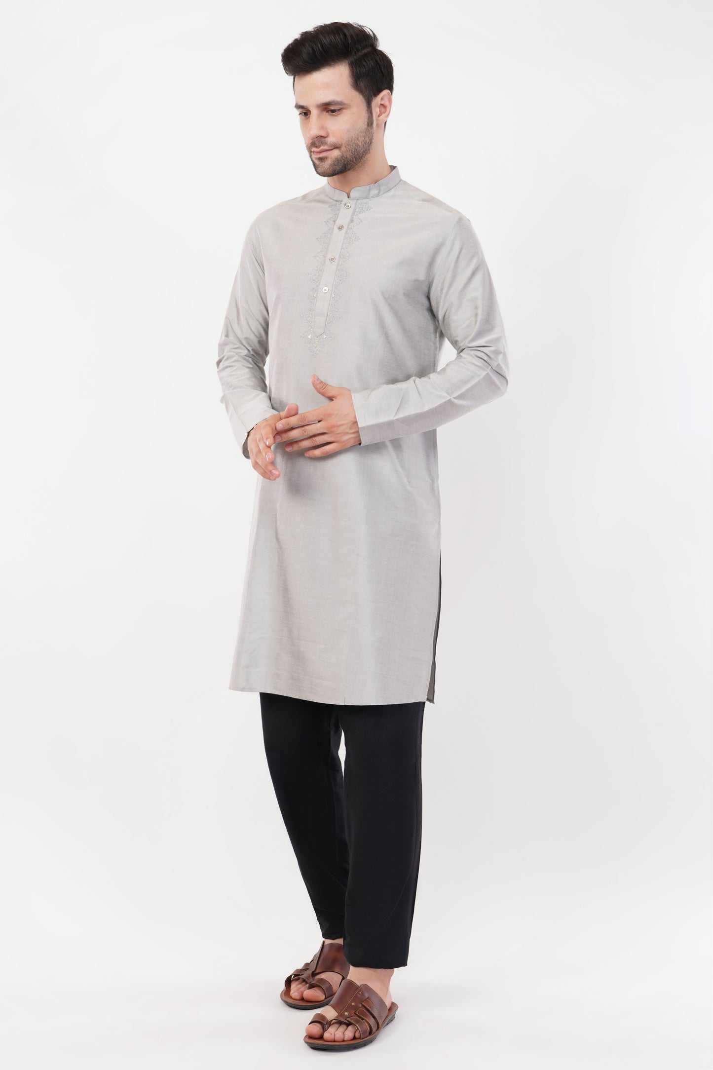 Light Grey Textured Cotton Kurta Set