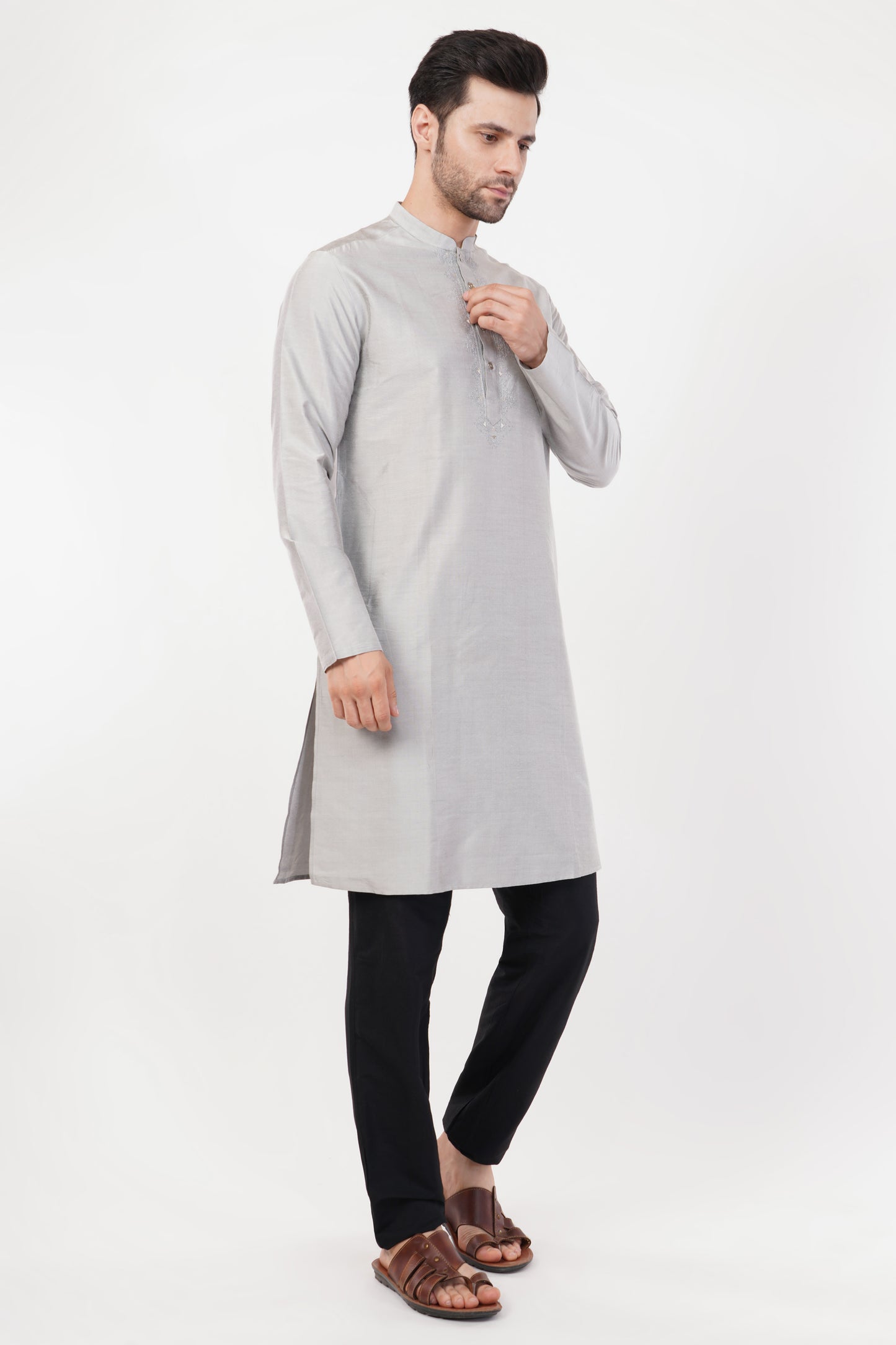 Light Grey Textured Cotton Kurta Set