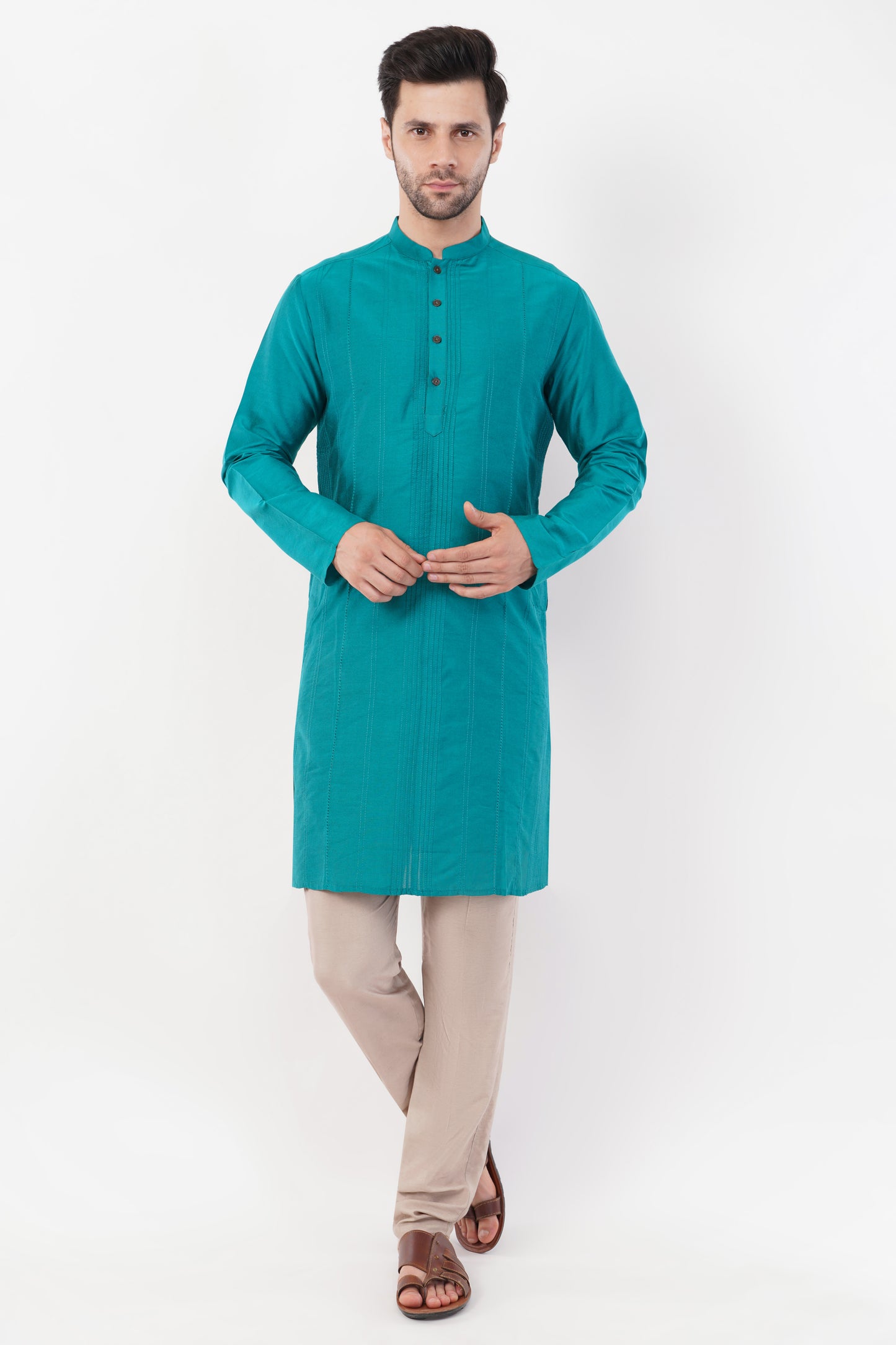 Teal Blue Printed Cotton Elegant Detailing Kurta Set