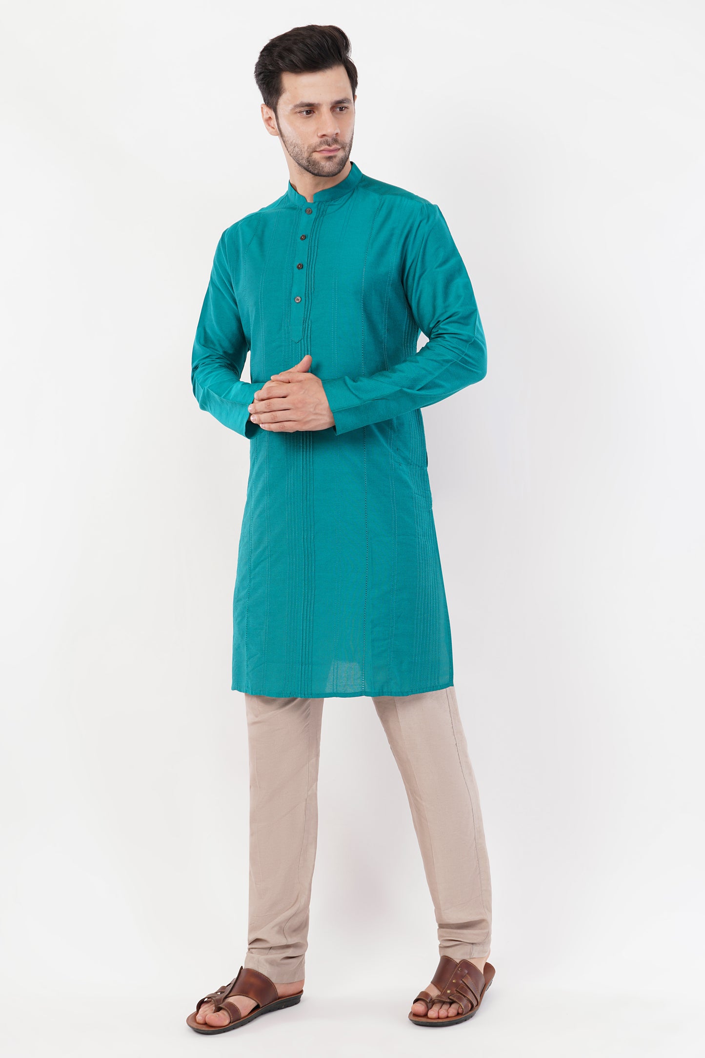 Teal Blue Printed Cotton Elegant Detailing Kurta Set