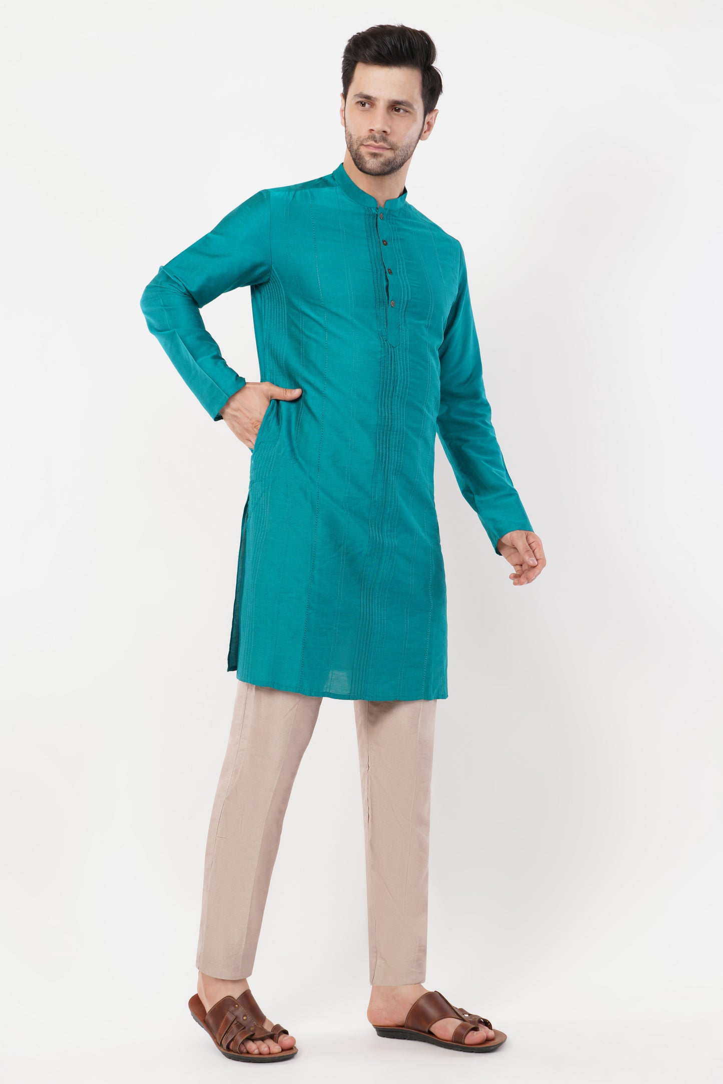 Teal Blue Printed Cotton Elegant Detailing Kurta Set