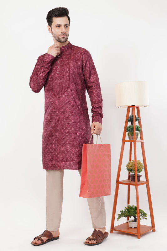 Maroon Printed Cotton Classic Design Kurta Set