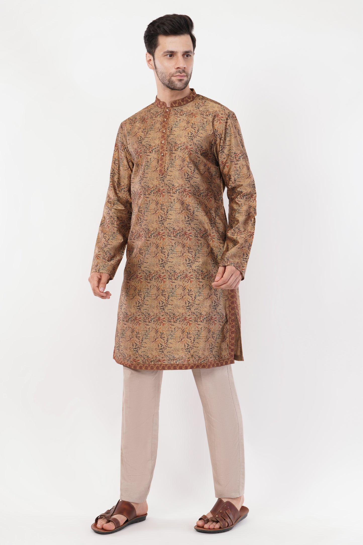 Golden Printed Cotton Elegant Detailing Kurta Set